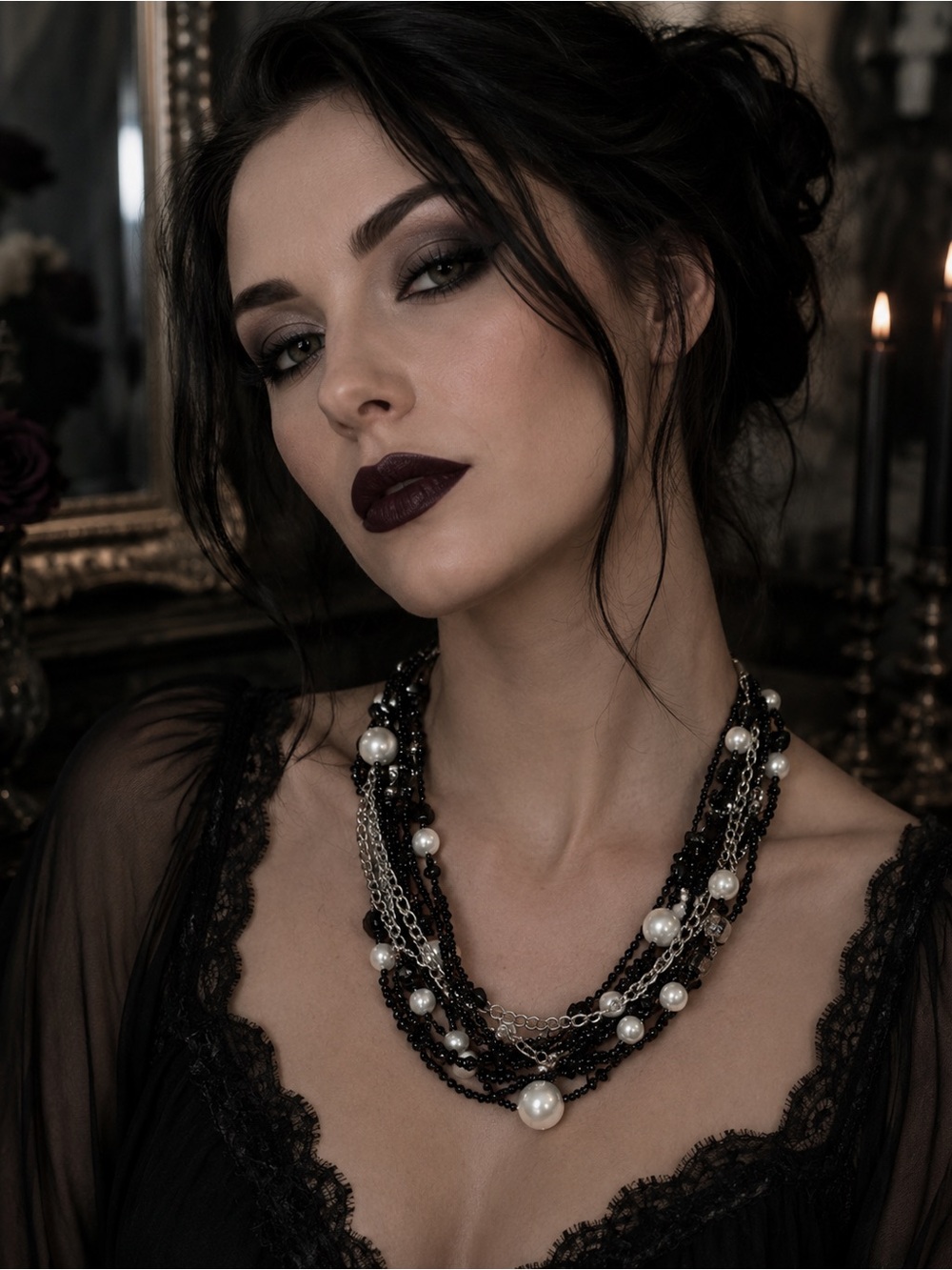 Chunky Edgy Goth Multi Media Faux Pearl Stone Chip Beaded Statement Necklace